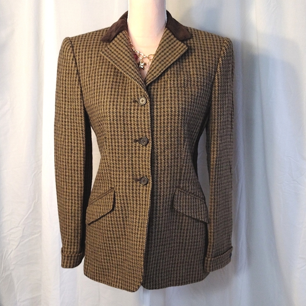 Ralph Lauren Vntg Brown Olive Houndstooth Silk Wool Blazer Size 4